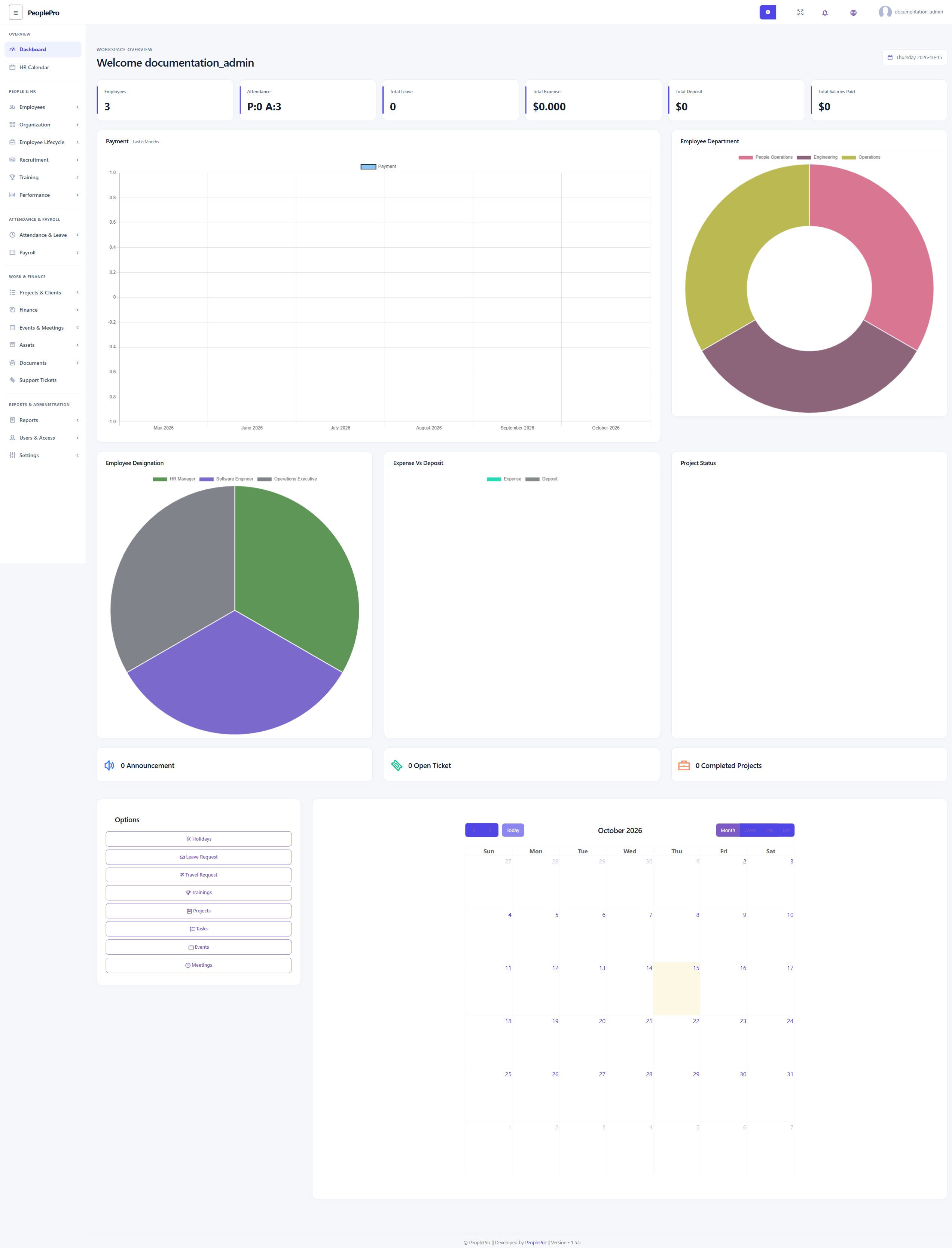PeoplePro HR dashboard with employee, attendance and payroll summaries