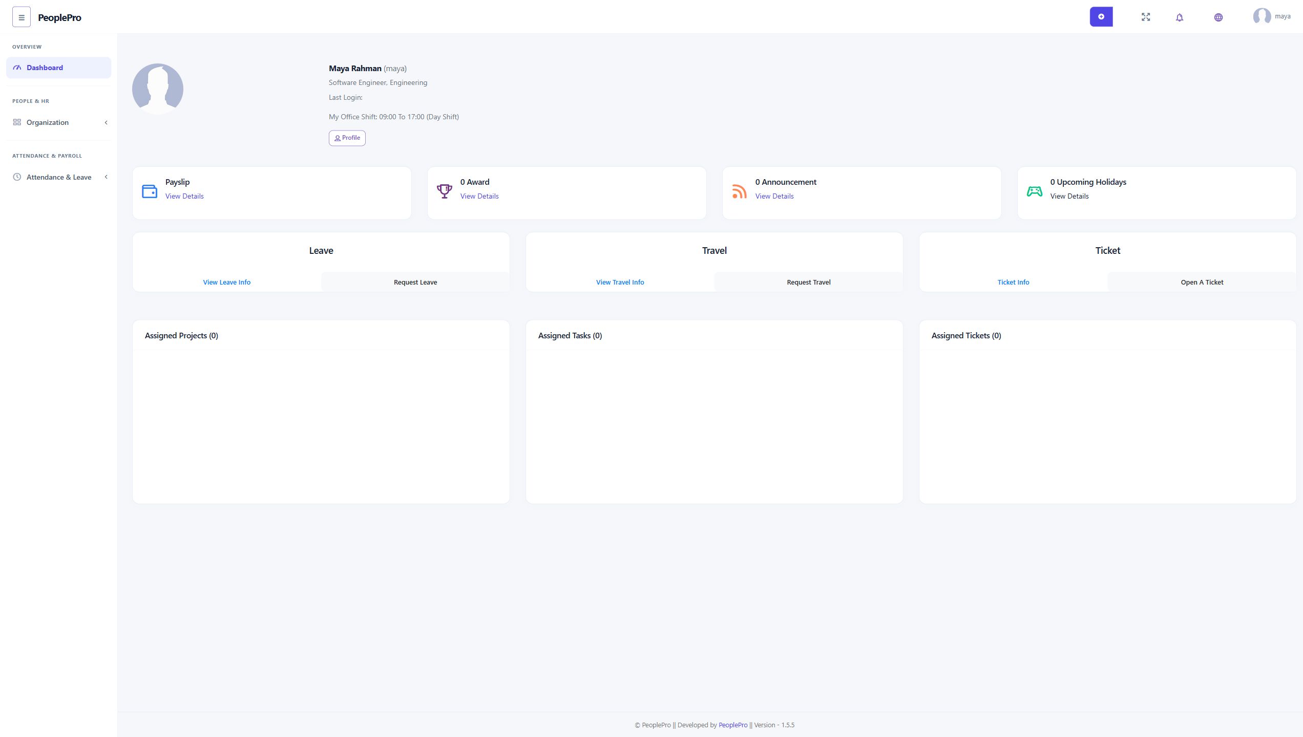 Employee dashboard with personal attendance, payslips and assigned work