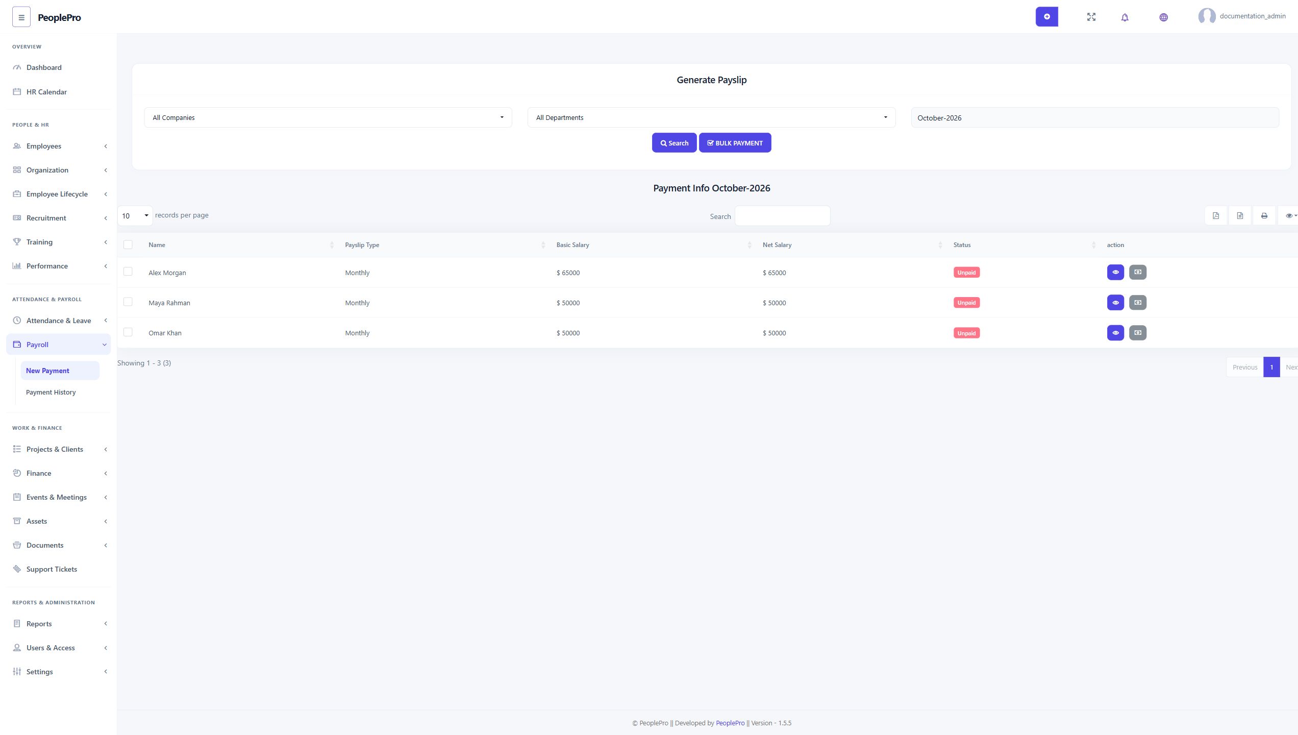 Payroll workspace preview with sample data